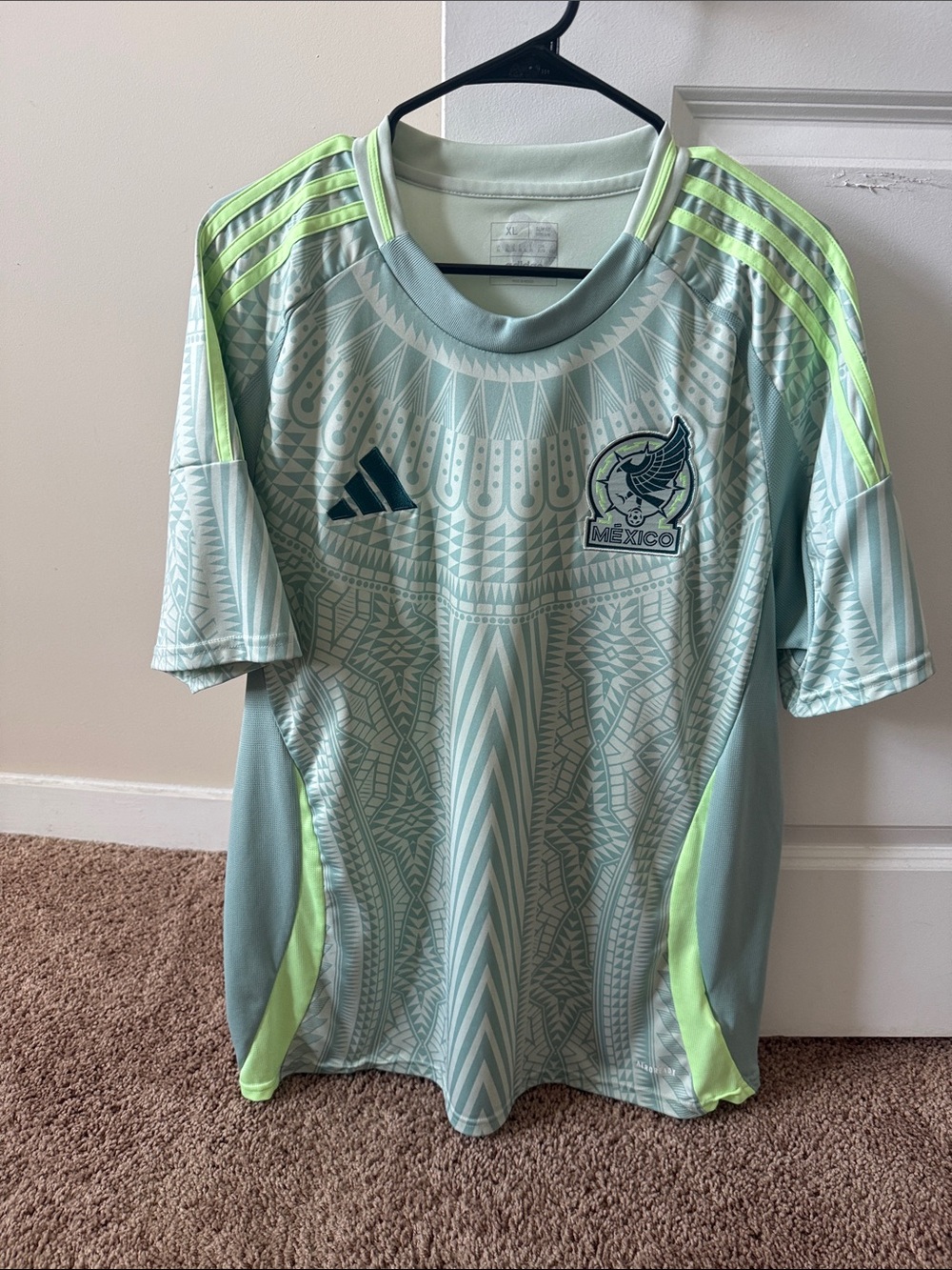 adidas Mexico mens Soccer Jersey in Light Mint with Neon Lime Stripes